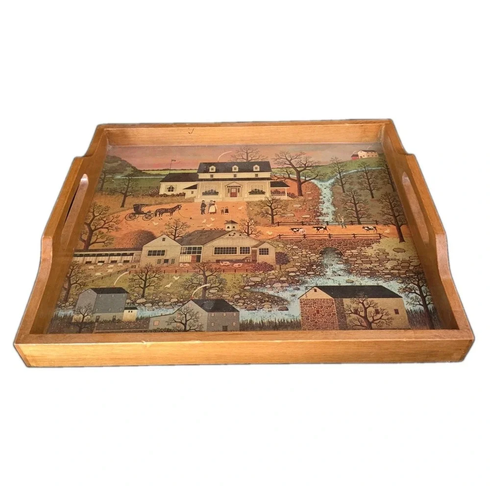 VTG Charles Wysocki Wood Tray Americana  Scene 